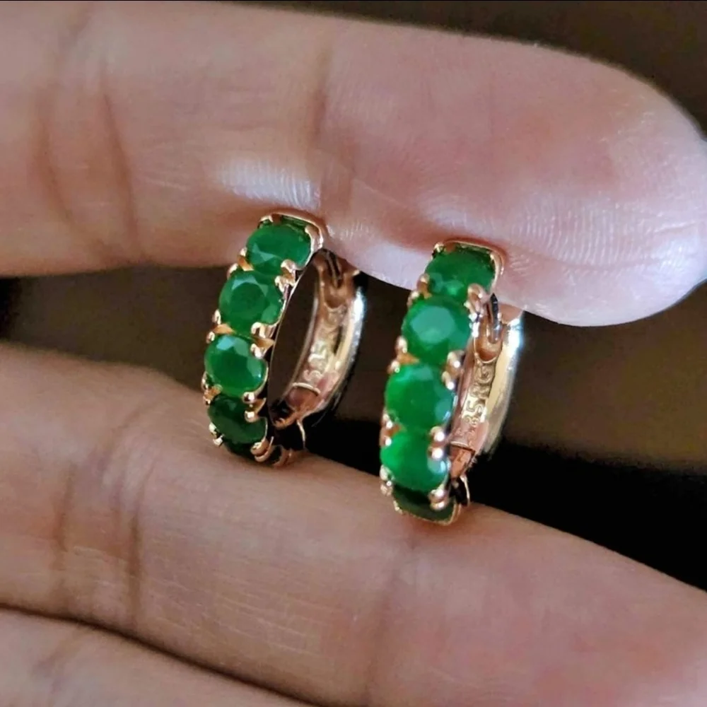 New 14K Gold Plated Emerald Huggie Hoop Earrings for Women - Picture 1 of 10